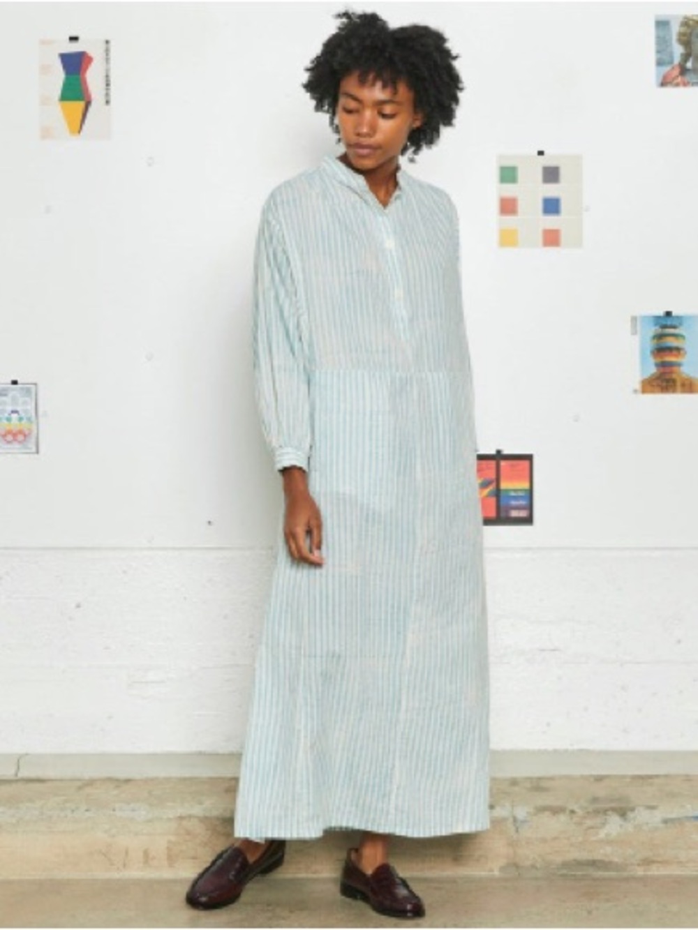 Entireworld Green and White block print Striped Maxi Shirt Dress small